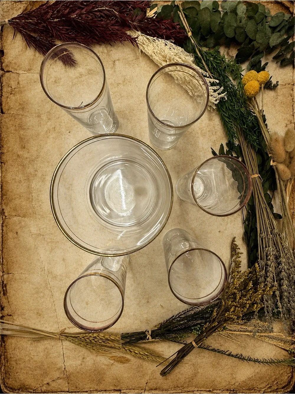 Vintage Gold Rim Glass Ice Bucket with 5 Matching Tumblers Barware Cocktail Set